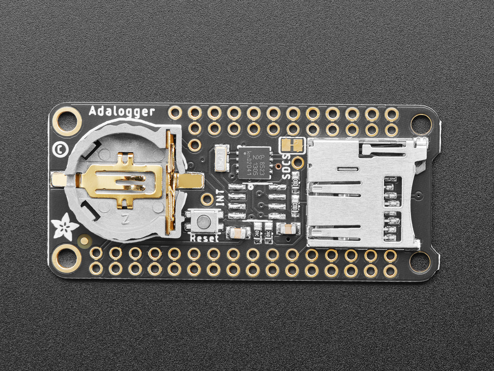 Top shot Adalogger FeatherWing with Real time clock and SD card slot.